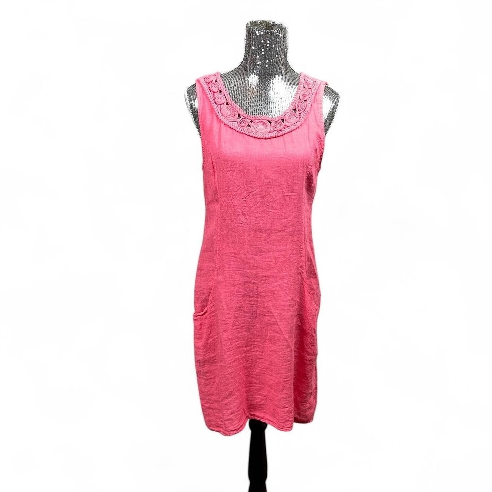 Vintage Linen Mini Dress Pink Rosette Neckline Sleeveless Romantic Shift Small